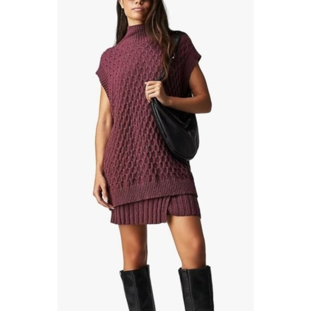 Free People Rosemary EUC Plum Mock Neck Cable Knit‎ Cotton Tunic Sweater Vest